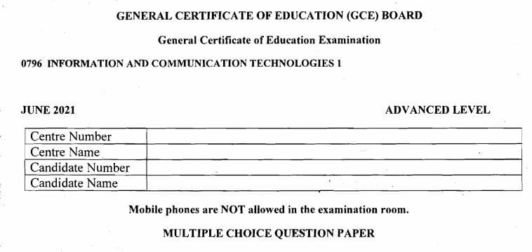 GCE A LEVEL Information And Communication Technologies Paper 1 - 2020/2021