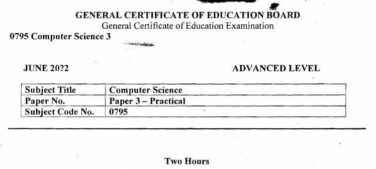 GCE A LEVEL Computer Science Paper 3 - 2021/2022