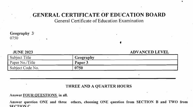 GCE A LEVEL Geography Paper 3 - 2022/2023