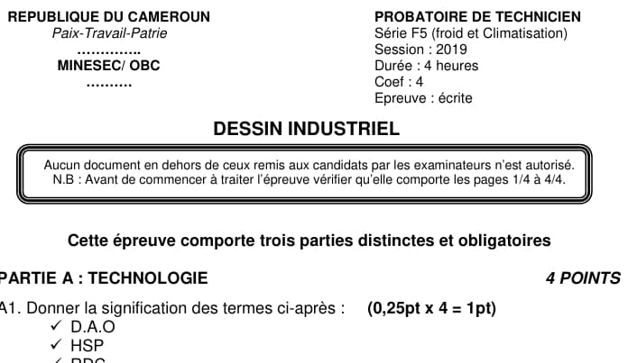 PROBATOIRE TECHNIQUE Series F5 Dessin Industriel - 2018/2019