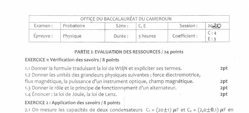 PROBATOIRE Series C Physique - 2019/2020