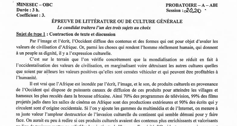 PROBATOIRE Series ABI Litterature Ou Culture Generale - 2019/2020