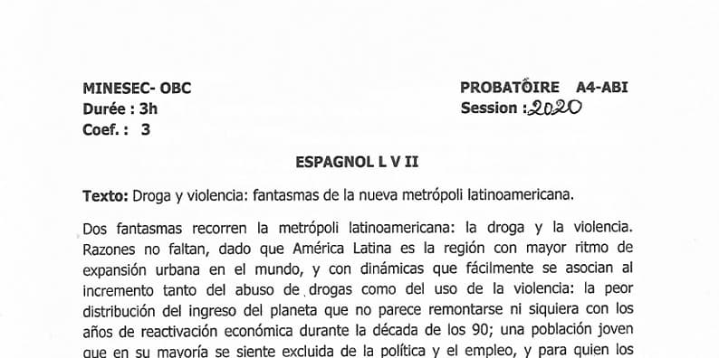 PROBATOIRE Series A4 Espagnol L V2 - 2019/2020