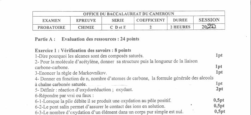PROBATOIRE Series C Chimie - 2019/2020