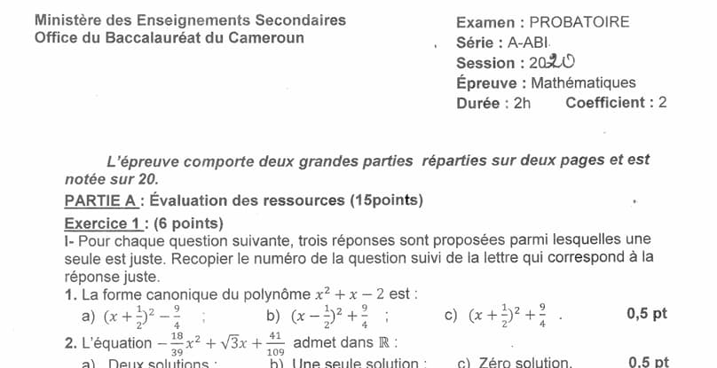 PROBATOIRE Series ABI Mathematiques - 2019/2020