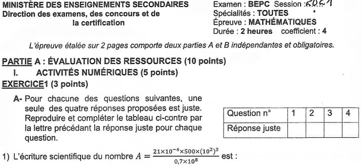 BEPC Mathematiques - 2020/2021