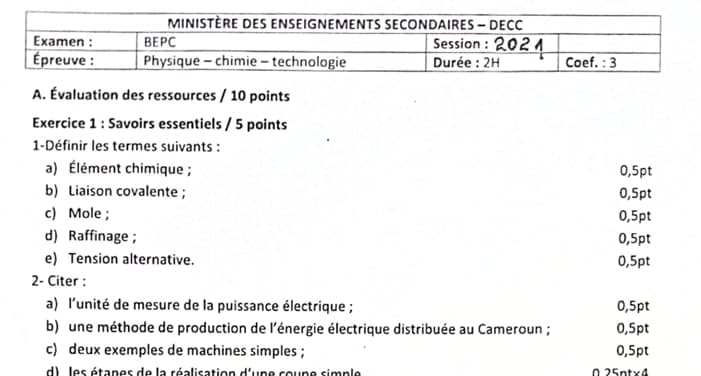BEPC Physique Chimie Technologies - 2020/2021