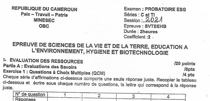 PROBATOIRE Series D Sciences De La Vie Et De La Terre - 2020/2021