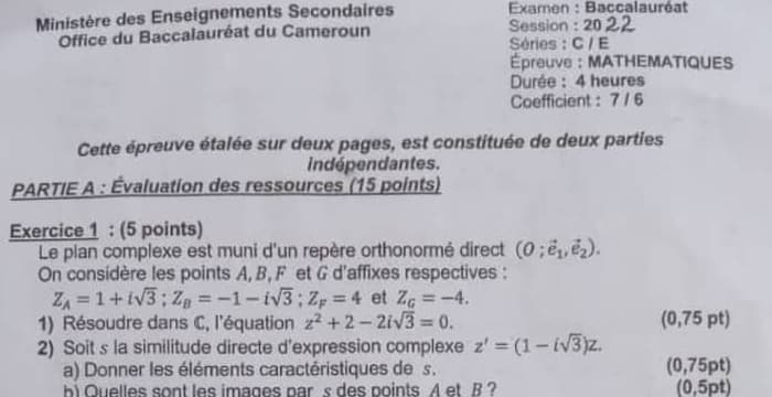BACCALAUREAT Series C Mathematiques - 2021/2022