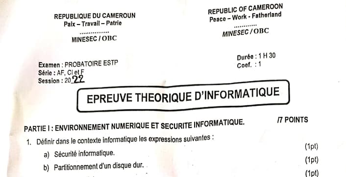PROBATOIRE TECHNIQUE Series AF1 Informatique - 2021/2022