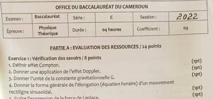 BACCALAUREAT Series C Physique Theorique - 2021/2022