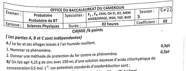 PROBATOIRE TECHNIQUE Series F1 Science Physique - 2021/2022