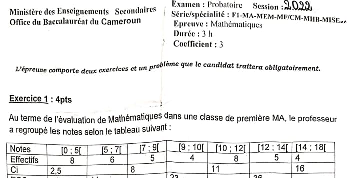 PROBATOIRE TECHNIQUE Series F1 Mathematiques - 2021/2022