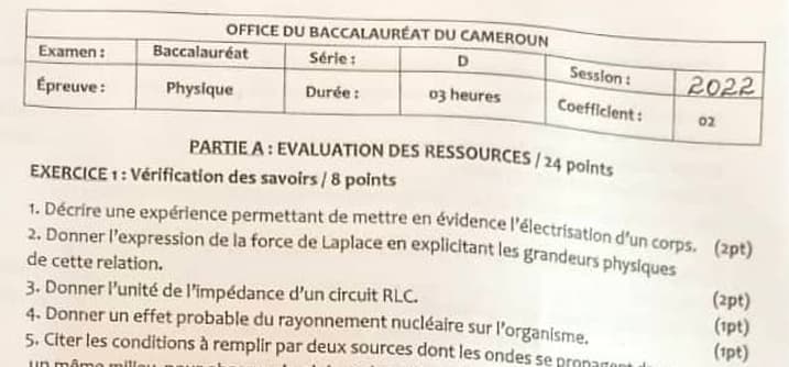 BACCALAUREAT Series D Physique - 2021/2022