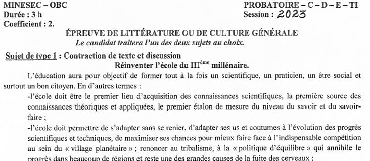 PROBATOIRE Series C Litterature Ou Culture Generale - 2022/2023