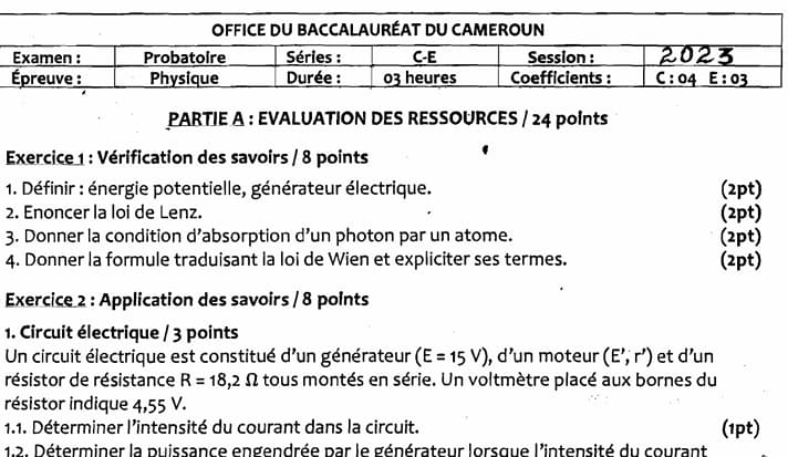PROBATOIRE Series C Physique - 2022/2023
