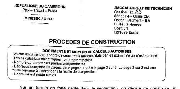 BACCALAUREAT TECHNIQUE Series F4/BA Procedes De Construction - 2022/2023