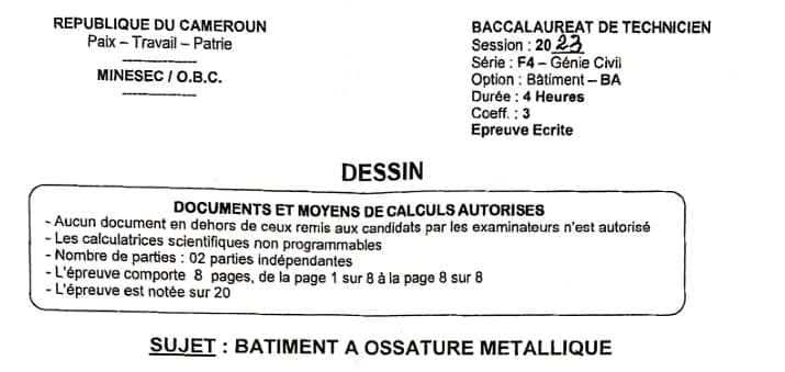 BACCALAUREAT TECHNIQUE Series F4/BA Dessin - 2022/2023