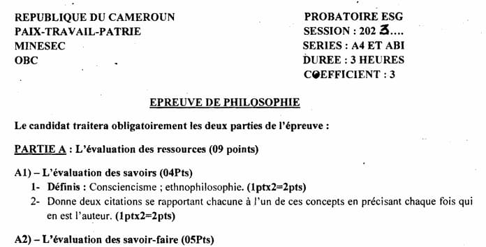 PROBATOIRE Series A4 Philosophie - 2022/2023