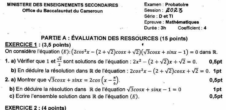 PROBATOIRE Series D Mathematiques - 2022/2023