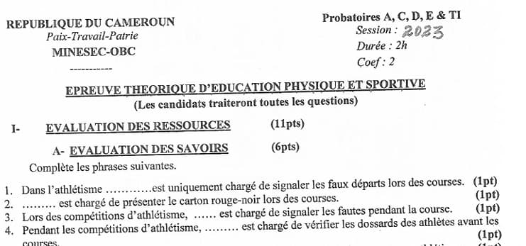 PROBATOIRE Series C Education Physique Et Sportive Theorique - 2022/2023