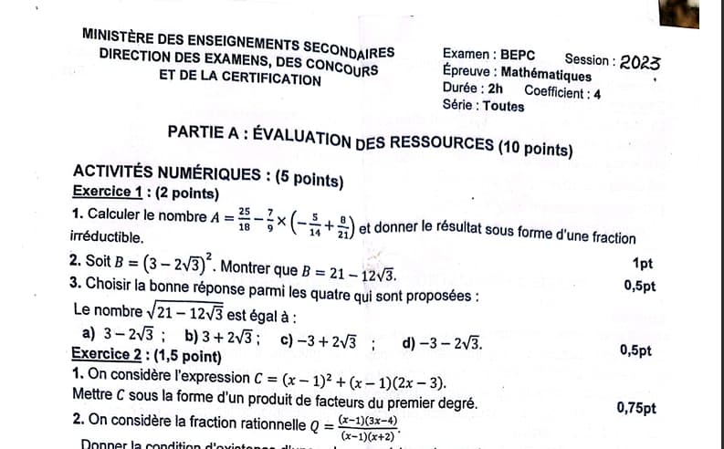 BEPC Mathematiques - 2022/2023