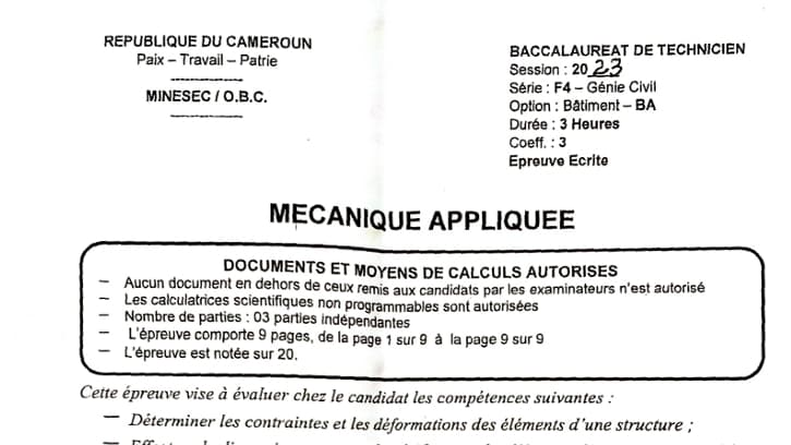 BACCALAUREAT TECHNIQUE Series F4/TP Mecanique Appliquee - 2022/2023