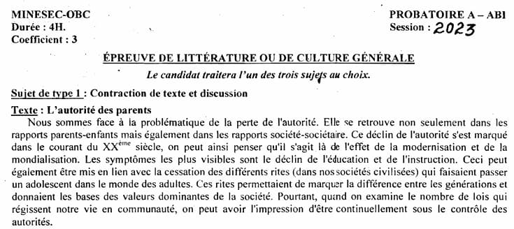 PROBATOIRE Series ABI Litterature Ou Culture Generale - 2022/2023