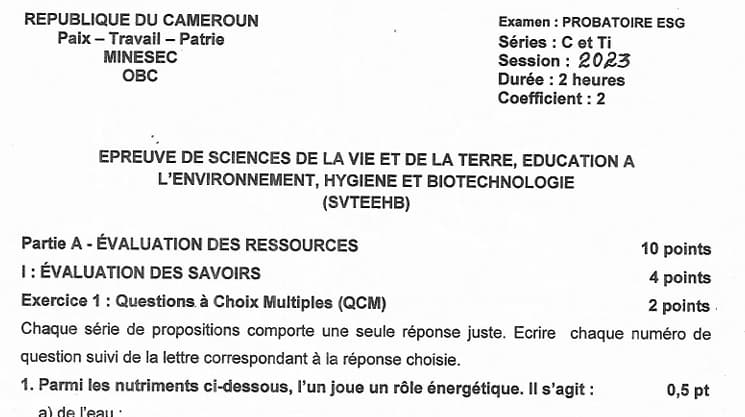 PROBATOIRE Series C Sciences De La Vie Et De La Terre - 2022/2023