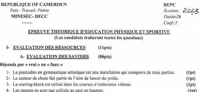BEPC Education Physique Et Sportive Theorique - 2022/2023