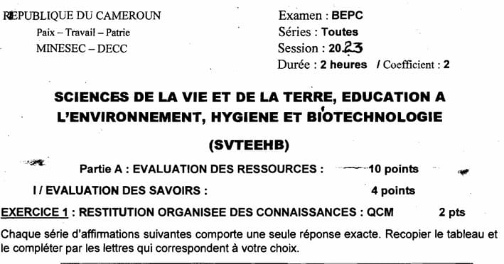 BEPC Sciences De La Vie Et De La Terre - 2022/2023