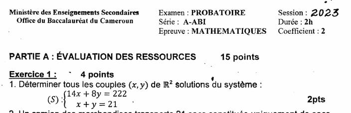 PROBATOIRE Series ABI Mathematiques - 2022/2023