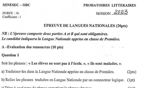 PROBATOIRE Series A1 Langues Nationales - 2022/2023