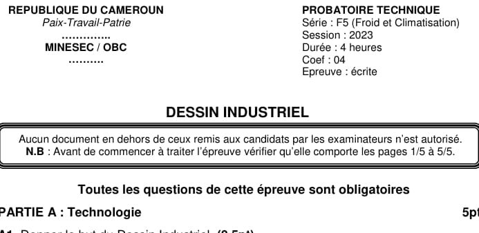 PROBATOIRE TECHNIQUE Series F5 Dessin Industriel - 2022/2023