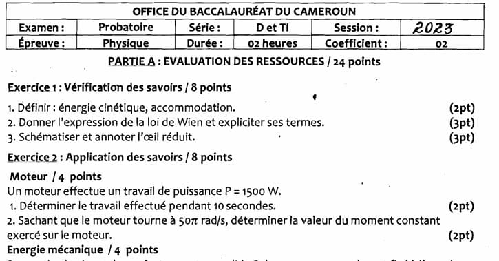 PROBATOIRE Series D Physique - 2022/2023