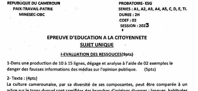 PROBATOIRE Series A1 Education A La Citoyennete - 2022/2023