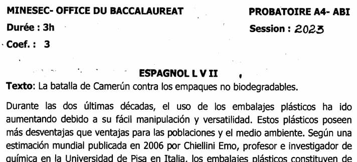 PROBATOIRE Series A4 Espagnol L.v.2 - 2022/2023