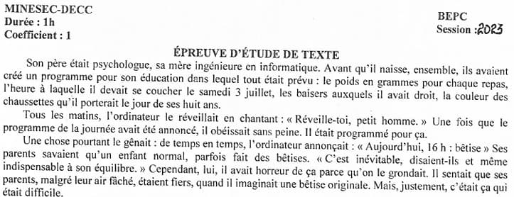 BEPC Etude De Texte - 2022/2023