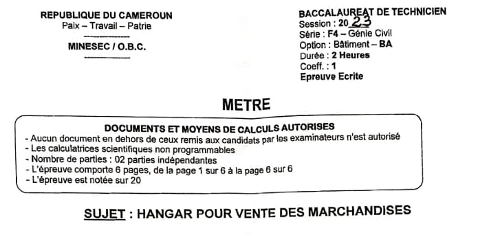 BACCALAUREAT TECHNIQUE Series F4/BA Metre - 2022/2023