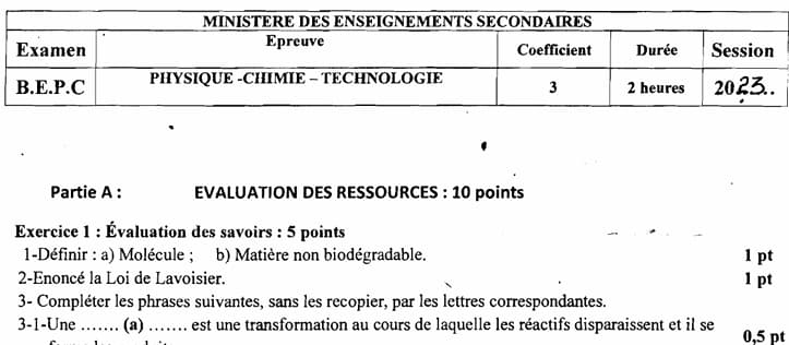 BEPC Physique Chimie Technologie - 2022/2023