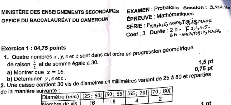 PROBATOIRE TECHNIQUE Series F2 Mathematiques - 2022/2023