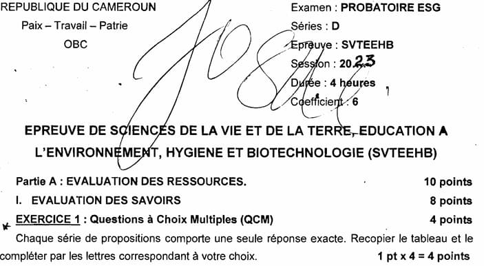 PROBATOIRE Series D Sciences De La Vie Et De La Terre - 2022/2023