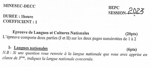 BEPC Langues Et Cultures Nationales - 2022/2023