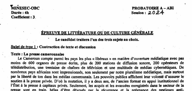 PROBATOIRE Series ABI Litterature Ou Culture Generale - 2023/2024