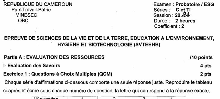 PROBATOIRE Series C Sciences De La Vie Et De La Terre (svteehb) - 2023/2024