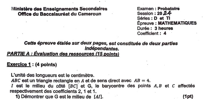 PROBATOIRE Series D Mathematiques - 2023/2024