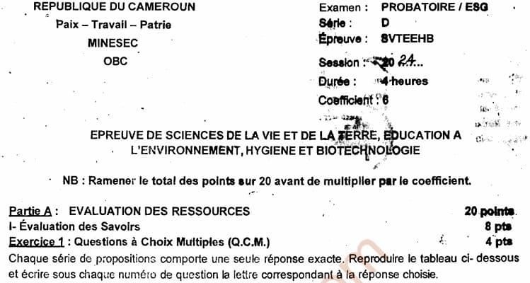 PROBATOIRE Series D Sciences De La Vie Et De La Terre (svteehb - 2023/2024