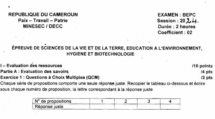 BEPC Sciences De La Vie Et De La Terre - 2023/2024