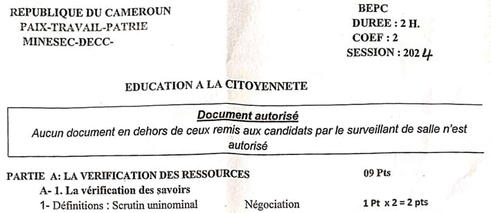 BEPC Education A La Citoyennete - 2023/2024