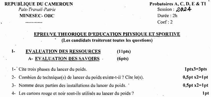 PROBATOIRE Series C Education Physique Et Sportive Theorique - 2023/2024